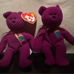 Ty Magenta BearToy Millennium Bear , worm and hippo lot of 4 teanie beanie.pics